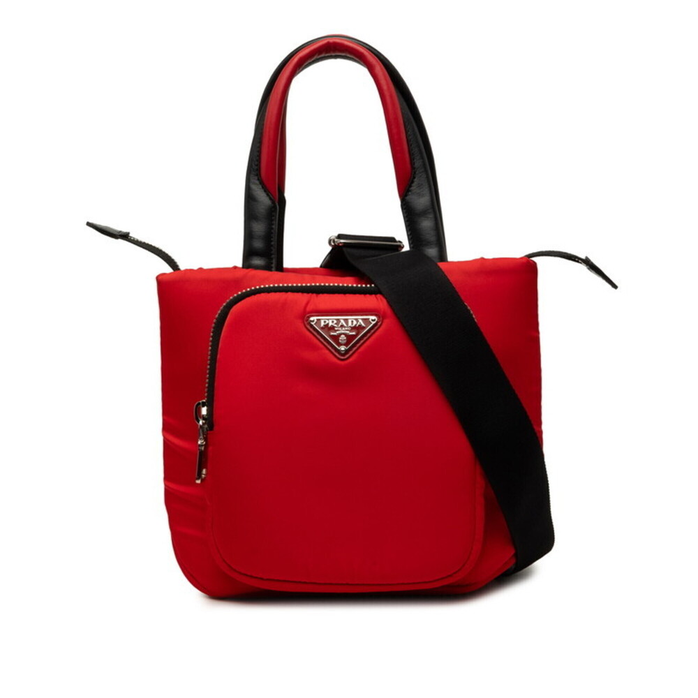 Prada Triangle Logo Plate Tessuto Pocket Handbag 2-Way Shoulder Bag Red Black...